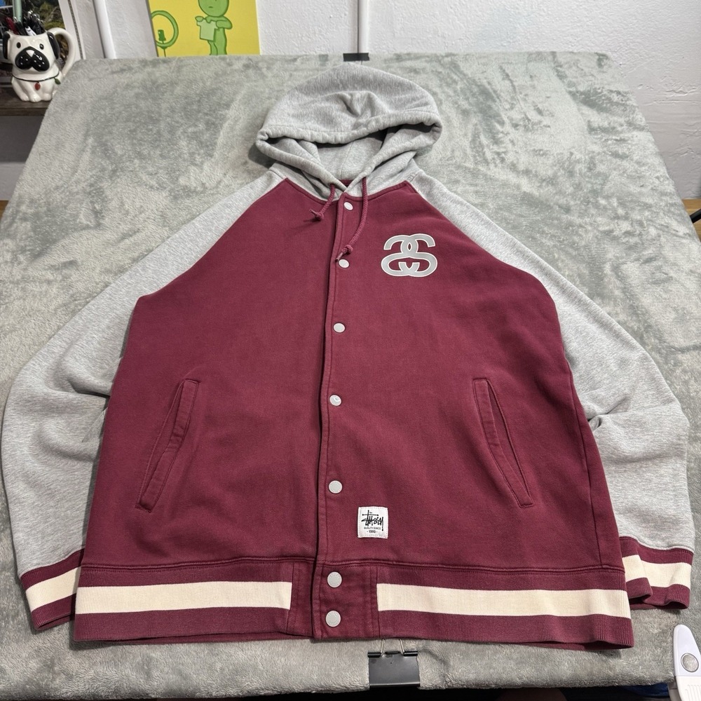 VTG STUSSY Varsity Button Snap Hoodie Jacket Size‎ XL Skater Grunge Retro Casual
